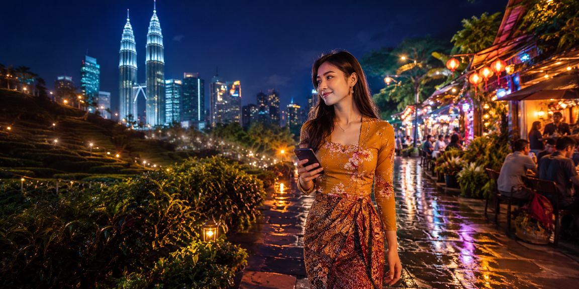 Pengguna Kuala Lumpur memainkan slot kasino menggunakan telefon pintar dalam suasana moden
